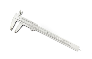 Caliper / Plastic caliper on white background, device used to measure.