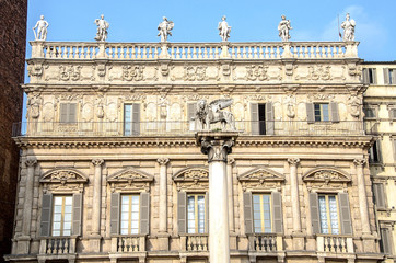 Fototapeta na wymiar Saint Mark Lion Palazzo Maffei Piazza delle Erbe Verona Veneto Italy