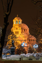 Fototapeta premium Cityscape by night at Sofia, Bulgaria - Alexander Nevsky cathedral in the snow