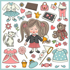 Little girl. Template greeting card or invitation. Accessories for girls
