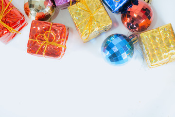 Christmas presents with decoration on background in vintage color filter