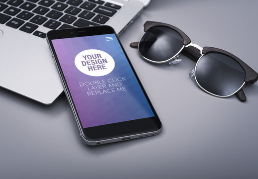 Closeup of Smartphone with Glasses Mockup