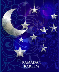 Obraz na płótnie Canvas Ramadan Kareem background with hanging textured sparkling gold stars and moon