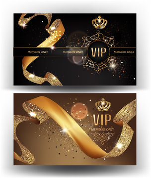 VIP gold banners with sparkling curly ribbons and crowns
