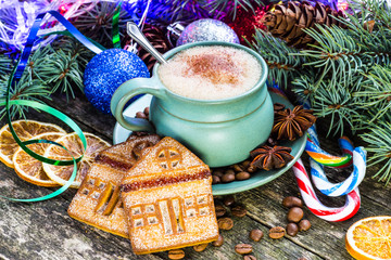 Christmas Breakfast.Coffee cup and coffee beans.
