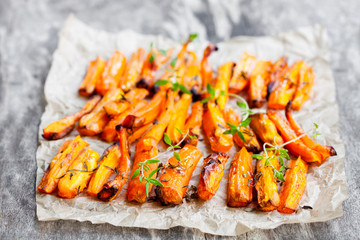 Homemade  oven baked carrot chips with thyme