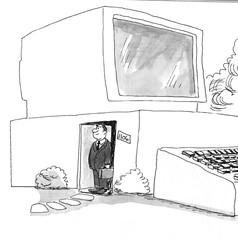Black and white illustration of a man who is on the internet so much his house turned into a computer.