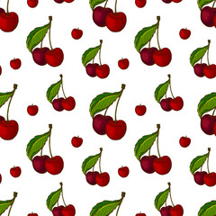 Colorful seamless cherry pattern. Hand drawn ripe cherries.