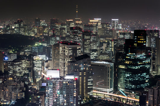 Tokyo business district in Japan capital city at night