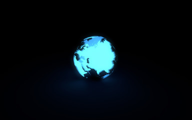 Abstract 3d model of blue glowing earth globe on black background. Front Eurasian continent
