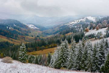 First snow in mountains Carpathians