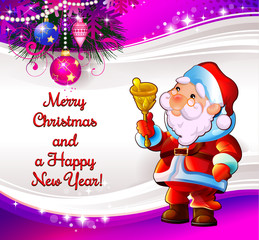 Merry Christmas and New Year. Santa with a bell. Illustration for the holiday. Background purple.