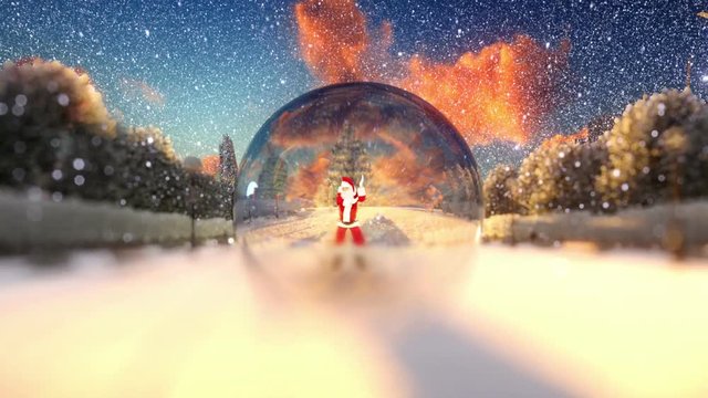 Santa Claus dancing in a glass globe, snowing