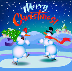 Fototapeta na wymiar Merry Christmas. Snowmen on skates. Illustration for the holiday. The background is dark blue.