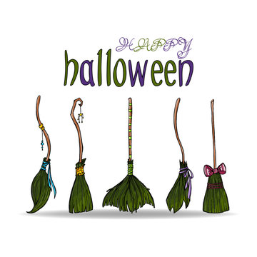 Happy halloween card with different cute witch brooms.