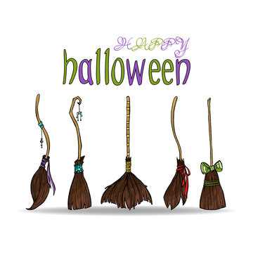 Happy halloween card with different cute witch brooms.