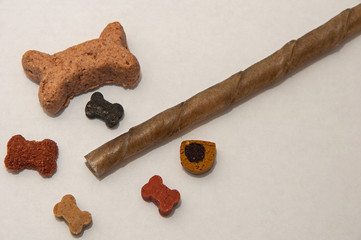 Dog treats and dogchew o a white background