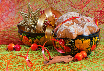 Bright multi-colored Christmas still life with Christmas-tree de