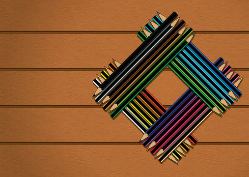 Colour Pencils Stacked in Square on Wood Texture Background