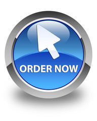 Order now (cursor icon) glossy blue round button