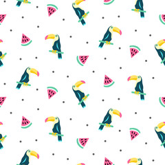 Summer exotic tropical seamless pattern with toucans and watermelons