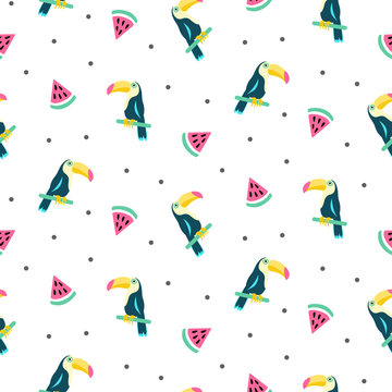 Summer exotic tropical seamless pattern with toucans and watermelons