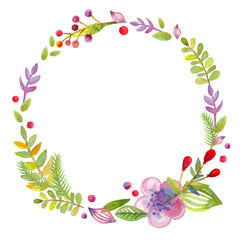 Fototapeta na wymiar Hand drawn illustration - watercolor wreath. Christmas Wreath with flowers, berries. Perfect for invitations, greeting cards, quotes, blogs, Wedding frames, posters and more