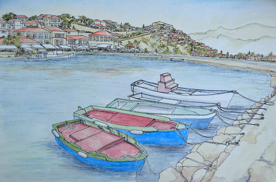 Ink and Watercolor painting of Molvos Harbor on the island of Lesvos Greece