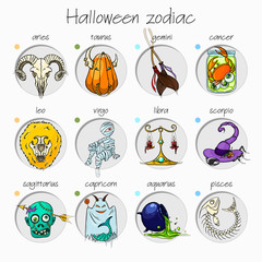 Colorful and funny halloween zodiac signs. All elements.