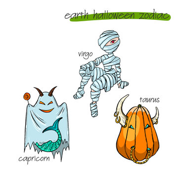 Colorful and funny halloween zodiac signs. Earth part.