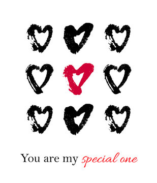 Vector hand drawn ink illustration with hearts. Greeting card with You are my special one text. Doodles.