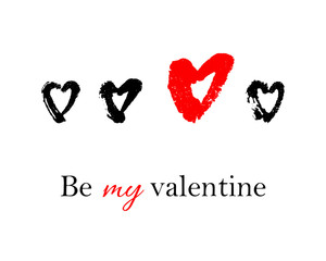 Vector hand drawn ink illustration with hearts. Greeting card with Be my valentine text. Doodles.
