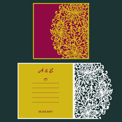 Wedding invitation or greeting card with abstract ornament. Vector envelope template for laser cutting. Paper cut card with silhouette. Cutout silhouette panel. Cutting file