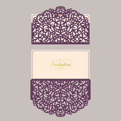 Wedding invitation or greeting card with abstract ornament. Vector envelope template for laser cutting. Paper cut card with silhouette. Cutout silhouette panel. Cutting file