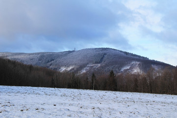 Landscape of Beskydy mountains with Javorovy hill in winter