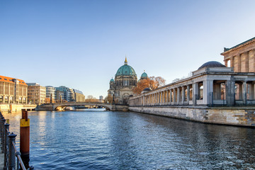 Fototapeta na wymiar Berlin Cathedral (Berliner Dom) and Museum Island (Museumsinsel) reflected in Spree River, Berlin, Germany, Europe
