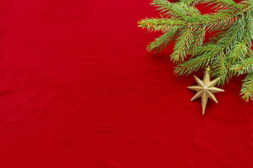 Golden star on christmas tree branch on red velvet 