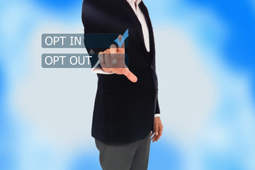 business man hand pressing a touchscreen button opt in