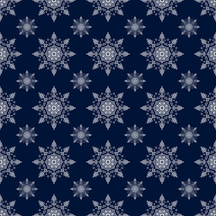 Snowflake seamless pattern. Winter background. White silhouette. Vector illustration for Christmas design. New Year sign. Symbol of celebration.