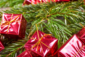 Christmas presents. Small gift boxes under the Christmas tree