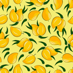 Ripe mango on a bright background. Seamless background. Vector illustration.Pattern.