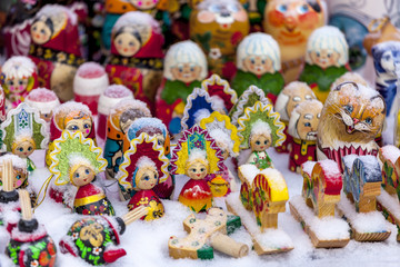 Christmas gifts and decorations. Happy new year. Colorful figurines.