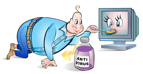 Office worker repairing computer. Funny illustration about the installation of virus scan. Vector cartoon image.