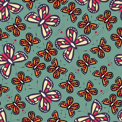 Seamless pattern with colorful butterflies and bees, nature life