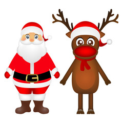 Santa Claus and Christmas reindeer are standing on a white backg