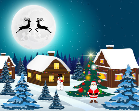 Night christmas forest landscape. Santa Claus with reindeer and 