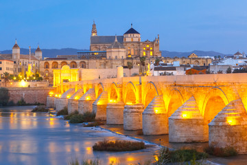 Illuminated Great Mosque Mezquita - Catedral de Cordoba with mirror reflection and Roman bridge across Guadalquivir river during morning blue hour, Cordoba, Andalusia, Spain