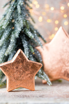 Christmas bronze decoration. Holiday decorations bronze on bokeh