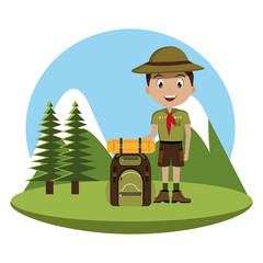 little scout character with travel bag icon vector illustration design