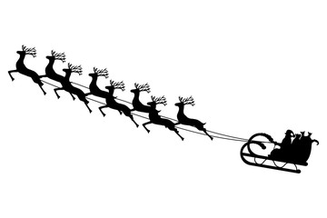 Santa Claus rides in a sleigh in harness on the reindeer